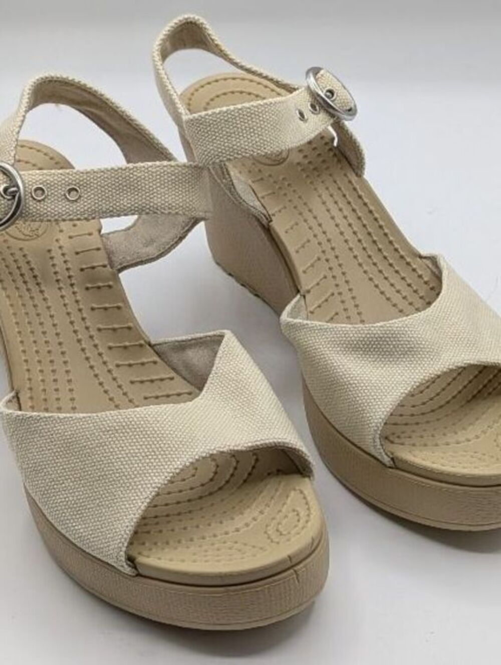 Crocs Size 9 $70 Beige Canvas Ankle Strap Platform Wedge Sandals Comfort Casual